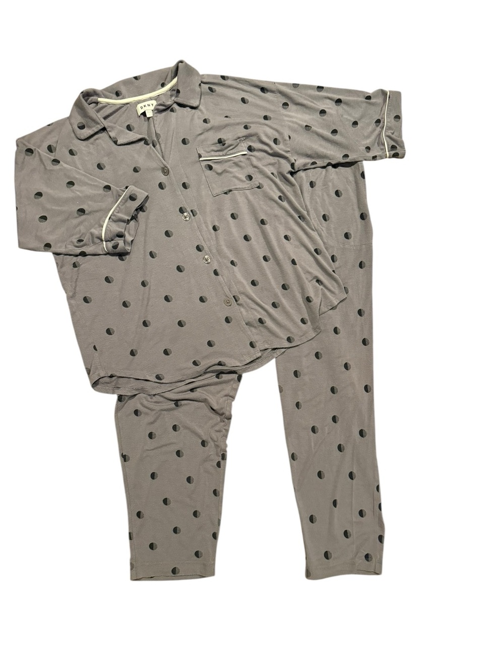 DKNY Gray Polka Dot Pajama Set Button Front Top & Pants Size L